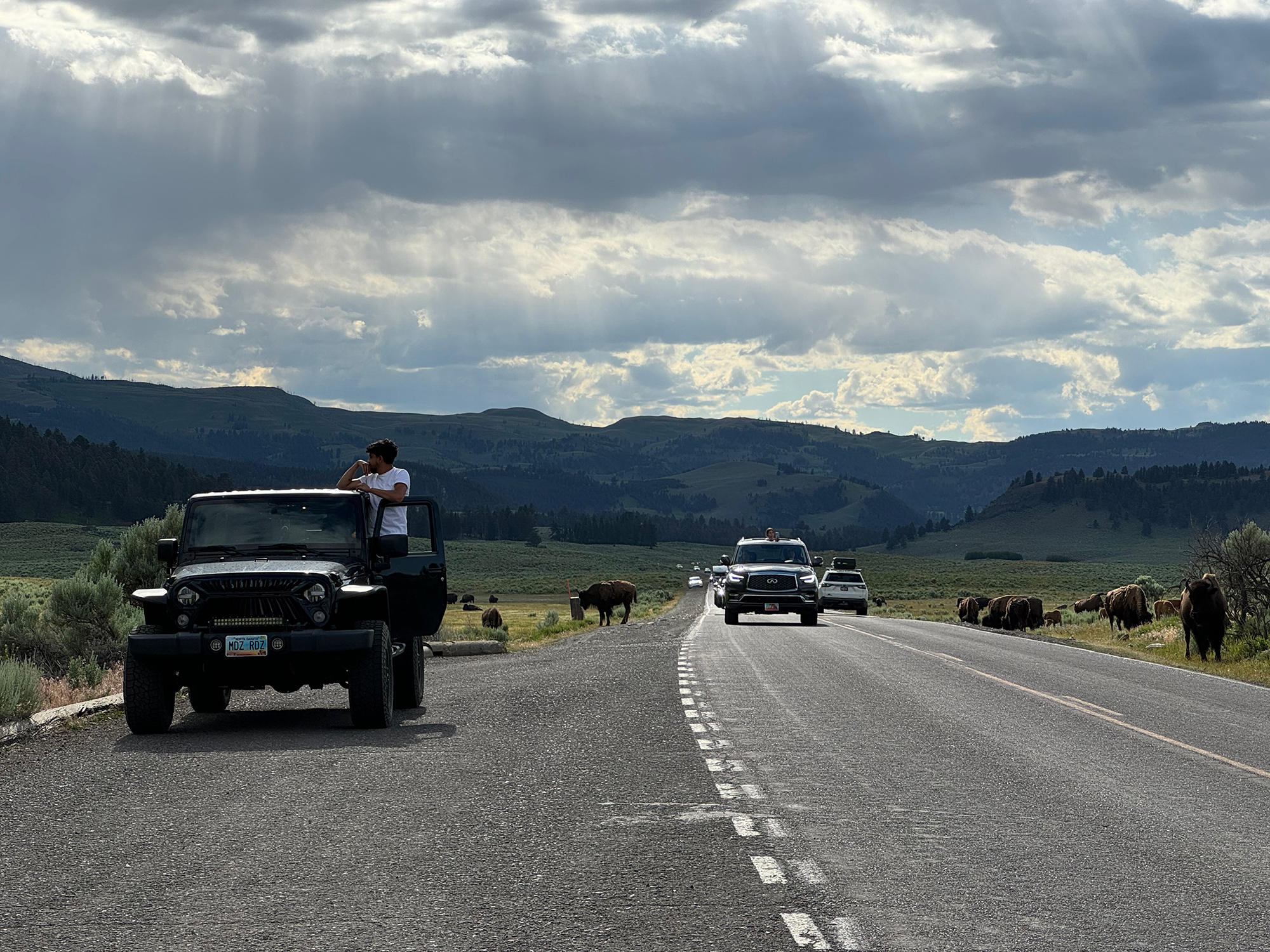 Tourists set off in their cars.