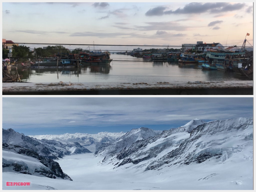 A scene of the Mekong Delta in Vietnam and Alpine mountains in Switzerland. Photos taken by Linh Luu.
