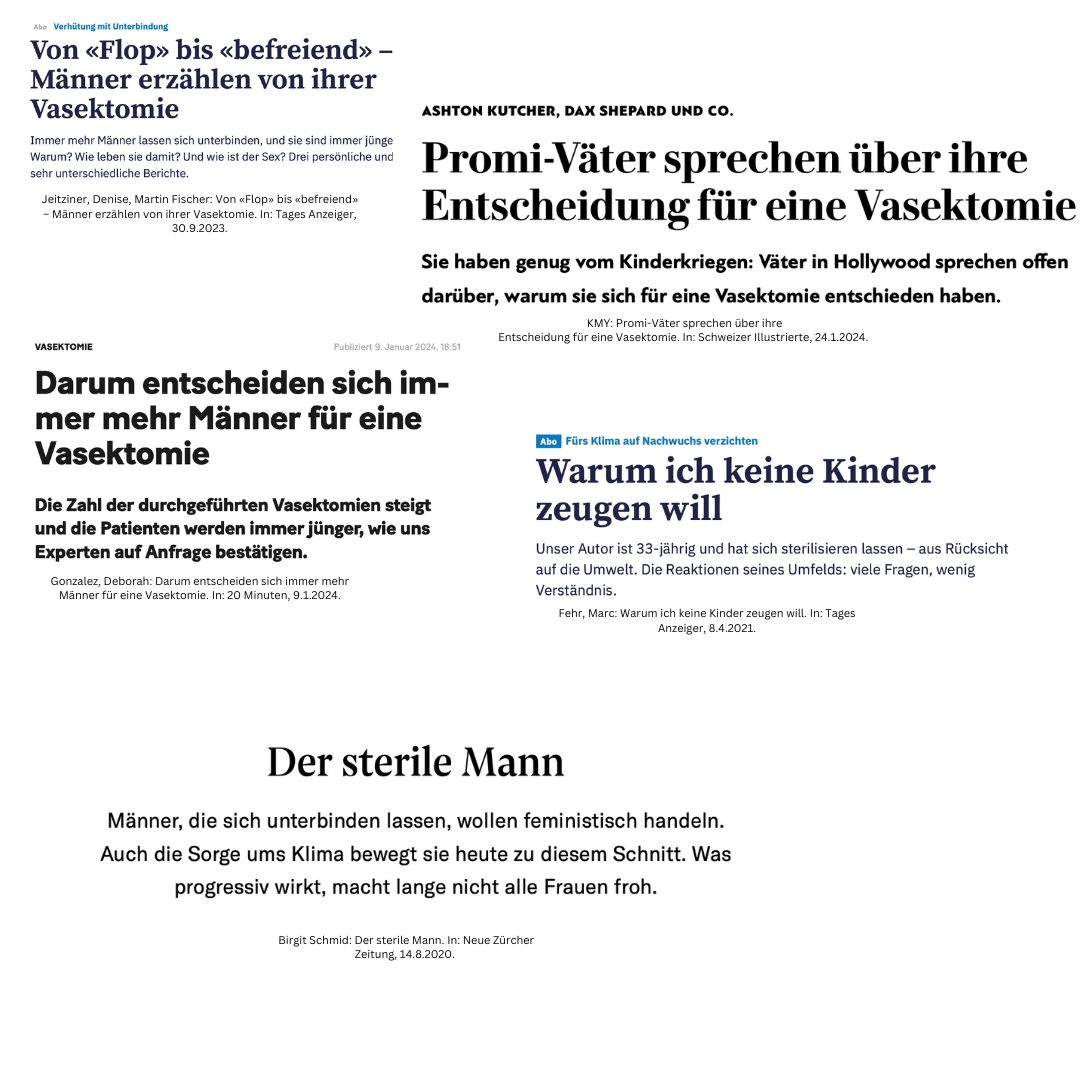 Abb.1: Verschiedene Medienberichte über Vasektomien aus dem Zeitraum 2020 – 2024. Abb.2: Verschiedene Medienberichte über Vasektomien aus dem Zeitraum 2023 – 2024.